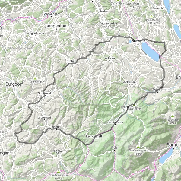 Mapa miniatúra "Náročná trasa cez Aspiegg, Trachselwald, Huttwil, Bisig, Schenkon, Wallfahrtskirche Gormund, Malters, Rengg, Entlebuch, Escholzmatt, Guggchnubel, Bowil, Spitze Chnubel" cyklistická inšpirácia v Espace Mittelland, Switzerland. Vygenerované cyklistickým plánovačom trás Tarmacs.app