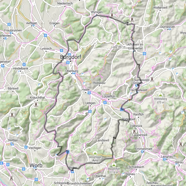 Miniatura della mappa di ispirazione al ciclismo "Giro delle Montagne Emmentalesi" nella regione di Espace Mittelland, Switzerland. Generata da Tarmacs.app, pianificatore di rotte ciclistiche