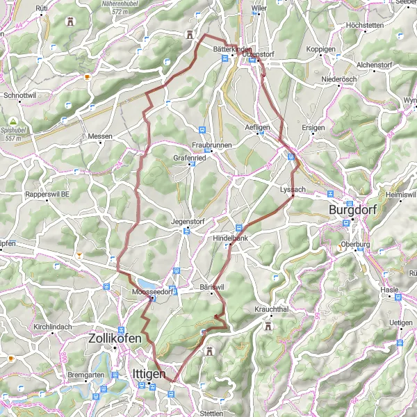 Zemljevid v pomanjšavi "Gravel Pot Bosterj Time-O-Meter" kolesarske inspiracije v Espace Mittelland, Switzerland. Generirano z načrtovalcem kolesarskih poti Tarmacs.app