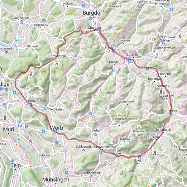 Zemljevid v pomanjšavi "Razgibana kolesarska avantura blizu Bolligena" kolesarske inspiracije v Espace Mittelland, Switzerland. Generirano z načrtovalcem kolesarskih poti Tarmacs.app