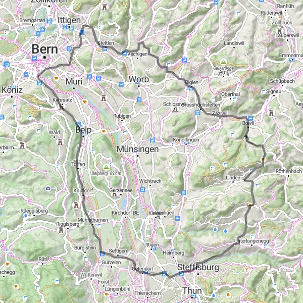Zemljevid v pomanjšavi "Scenic Road Adventure: From Stettlen to Ostermundigen" kolesarske inspiracije v Espace Mittelland, Switzerland. Generirano z načrtovalcem kolesarskih poti Tarmacs.app