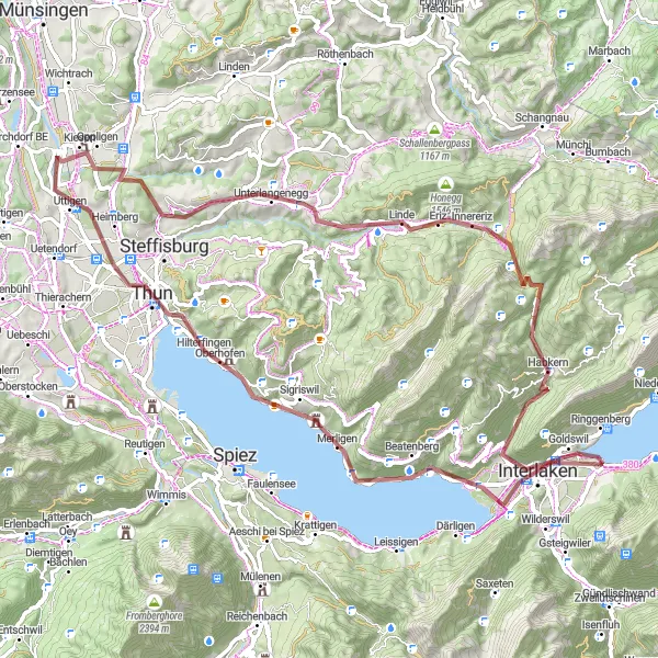 Miniatura della mappa di ispirazione al ciclismo "Esplorazione Gravel tra Thun e Hohbühl" nella regione di Espace Mittelland, Switzerland. Generata da Tarmacs.app, pianificatore di rotte ciclistiche