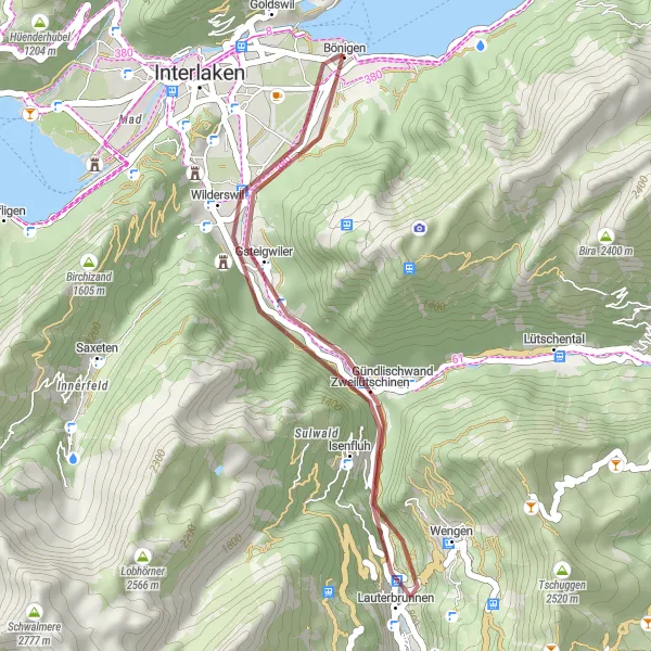 Map miniature of "Gravel Adventure through Gündlischwand and Isenfluh" cycling inspiration in Espace Mittelland, Switzerland. Generated by Tarmacs.app cycling route planner