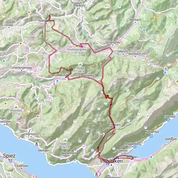 Miniatura della mappa di ispirazione al ciclismo "Bönigen to Eriz Gravel Adventure" nella regione di Espace Mittelland, Switzerland. Generata da Tarmacs.app, pianificatore di rotte ciclistiche