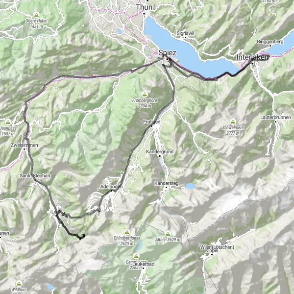 Miniatua del mapa de inspiración ciclista "Ruta hacia Lenk por Adelboden y Frutigen" en Espace Mittelland, Switzerland. Generado por Tarmacs.app planificador de rutas ciclistas