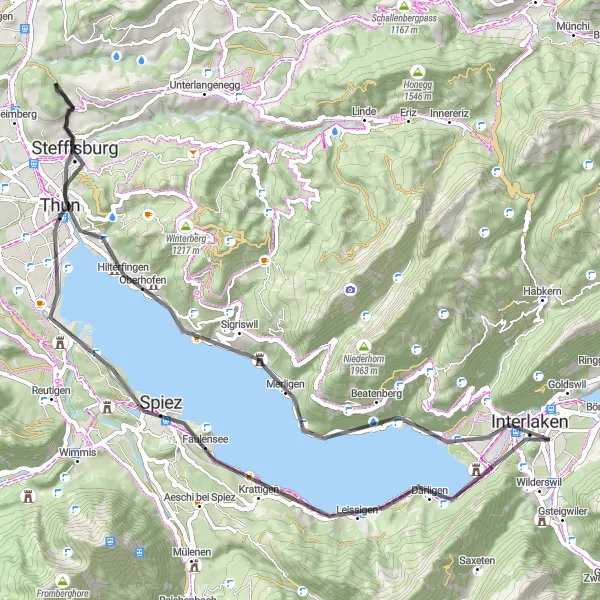 Miniature de la carte de l'inspiration cycliste "Tour de Thun" dans la Espace Mittelland, Switzerland. Générée par le planificateur d'itinéraire cycliste Tarmacs.app