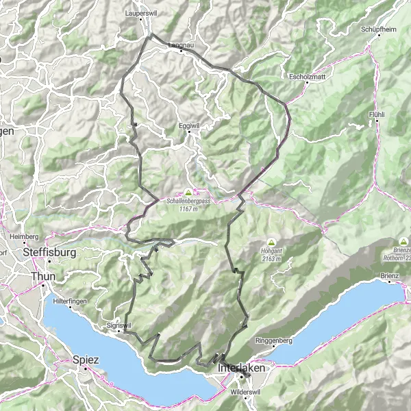 Map miniature of "Panorama Ride to Interlaken and Sigriswil" cycling inspiration in Espace Mittelland, Switzerland. Generated by Tarmacs.app cycling route planner