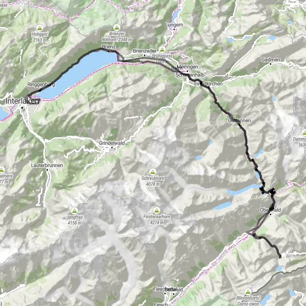 Zemljevid v pomanjšavi "Alpska avantura od jezera do gorskih prelazov" kolesarske inspiracije v Espace Mittelland, Switzerland. Generirano z načrtovalcem kolesarskih poti Tarmacs.app