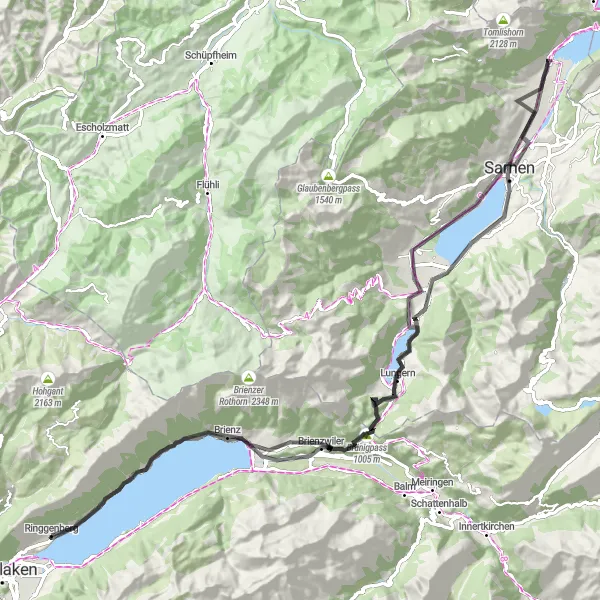 Zemljevid v pomanjšavi "Kolesarska pot ob jezeru Brienz z vidiki na švicarsko pokrajino" kolesarske inspiracije v Espace Mittelland, Switzerland. Generirano z načrtovalcem kolesarskih poti Tarmacs.app