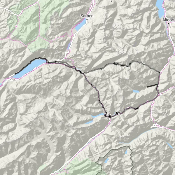 Karttaminiaatyyri "Ringgenberg - Reichenbachin putoukset - Göschenen - Andermatt - Realp - Furkapass - Grimselpass - Gelmerbahn - Kaverne - Meiringen - Ober-Gippi - Burgruine Ringgenberg" pyöräilyinspiraatiosta alueella Espace Mittelland, Switzerland. Luotu Tarmacs.app pyöräilyreittisuunnittelijalla