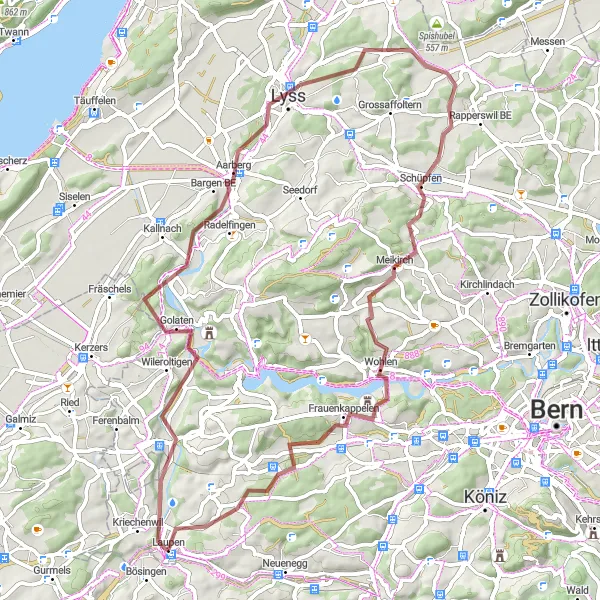 Miniatura della mappa di ispirazione al ciclismo "Golaten - Zälglihubel Gravel Adventure" nella regione di Espace Mittelland, Switzerland. Generata da Tarmacs.app, pianificatore di rotte ciclistiche