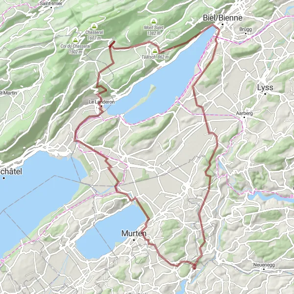 Kartminiatyr av "Muntelier-Kriechenwil Gravel Expedition" sykkelinspirasjon i Espace Mittelland, Switzerland. Generert av Tarmacs.app sykkelrutoplanlegger