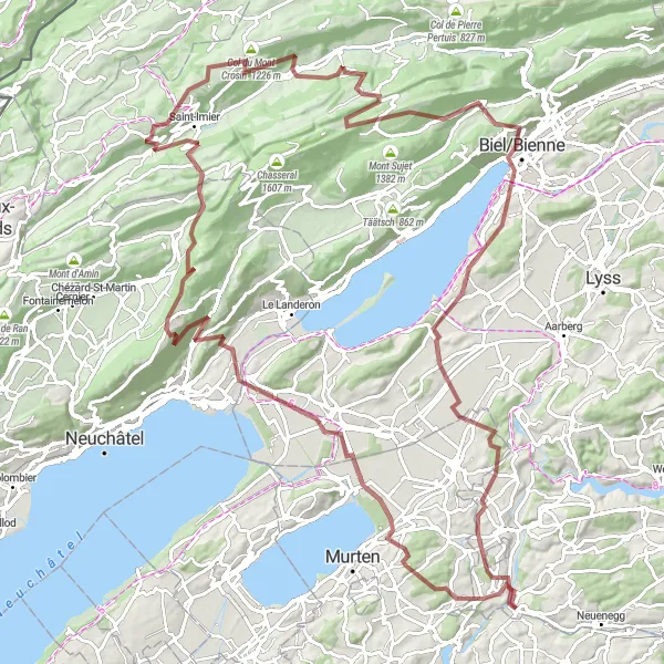 Zemljevid v pomanjšavi "Razburljiva pot skozi Espace Mittelland" kolesarske inspiracije v Espace Mittelland, Switzerland. Generirano z načrtovalcem kolesarskih poti Tarmacs.app