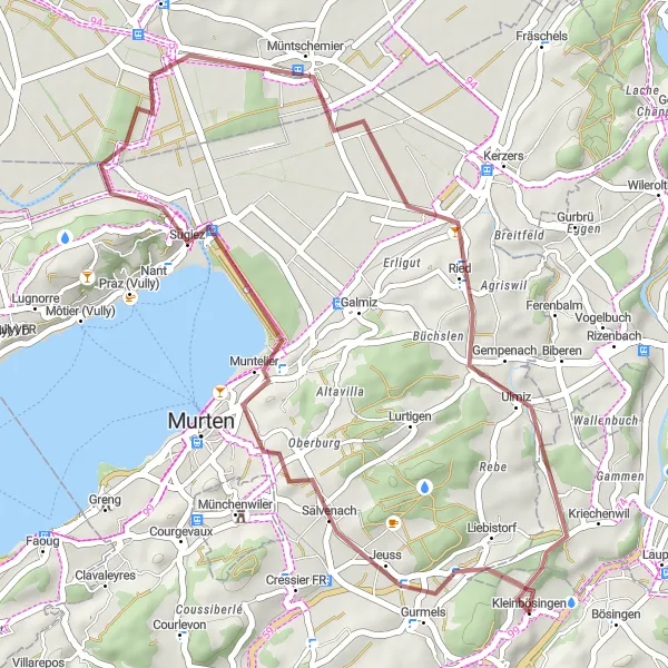 Miniatua del mapa de inspiración ciclista "Recorrido Gravel a Mont Vully" en Espace Mittelland, Switzerland. Generado por Tarmacs.app planificador de rutas ciclistas