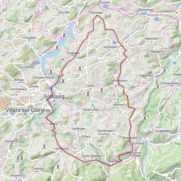 Miniatua del mapa de inspiración ciclista "Ruta de Grava de Bösingen a Fribourg" en Espace Mittelland, Switzerland. Generado por Tarmacs.app planificador de rutas ciclistas