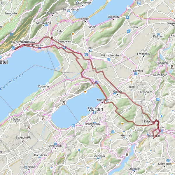 Miniatura della mappa di ispirazione al ciclismo "Gravel Vully Circuit" nella regione di Espace Mittelland, Switzerland. Generata da Tarmacs.app, pianificatore di rotte ciclistiche