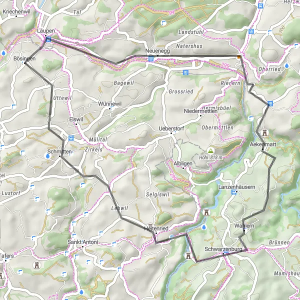 Miniatura della mappa di ispirazione al ciclismo "Percorso stradale sereno tra Neuenegg e Schmitten" nella regione di Espace Mittelland, Switzerland. Generata da Tarmacs.app, pianificatore di rotte ciclistiche