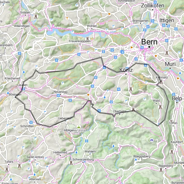 Kartminiatyr av "Laupen-Ueberstorf Road Cycling Route" sykkelinspirasjon i Espace Mittelland, Switzerland. Generert av Tarmacs.app sykkelrutoplanlegger