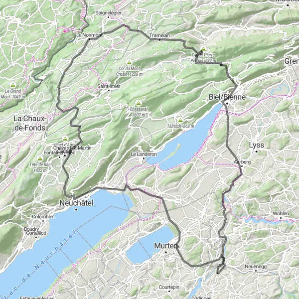 Miniatuurkaart van de fietsinspiratie "Rondrit vanuit Bösingen via Kriechenwil en Le Noirmont" in Espace Mittelland, Switzerland. Gemaakt door de Tarmacs.app fietsrouteplanner