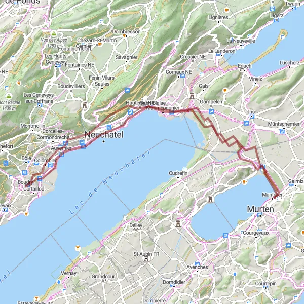 Kartminiatyr av "Mont Vully Challenge" sykkelinspirasjon i Espace Mittelland, Switzerland. Generert av Tarmacs.app sykkelrutoplanlegger