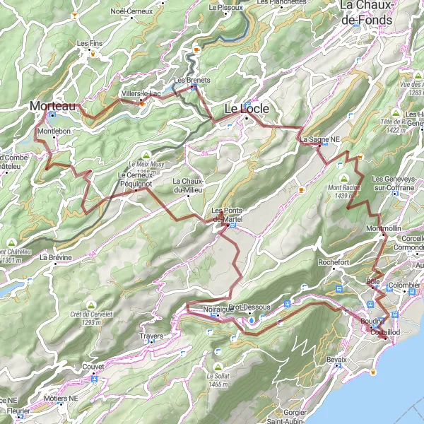 Karttaminiaatyyri "Maastopyöräretki Boudrysta Mont Racinelle" pyöräilyinspiraatiosta alueella Espace Mittelland, Switzerland. Luotu Tarmacs.app pyöräilyreittisuunnittelijalla