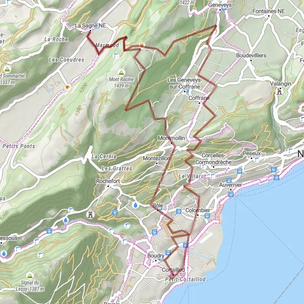 Map miniature of "Scenic Gravel Loop: Boudry to Colombier" cycling inspiration in Espace Mittelland, Switzerland. Generated by Tarmacs.app cycling route planner