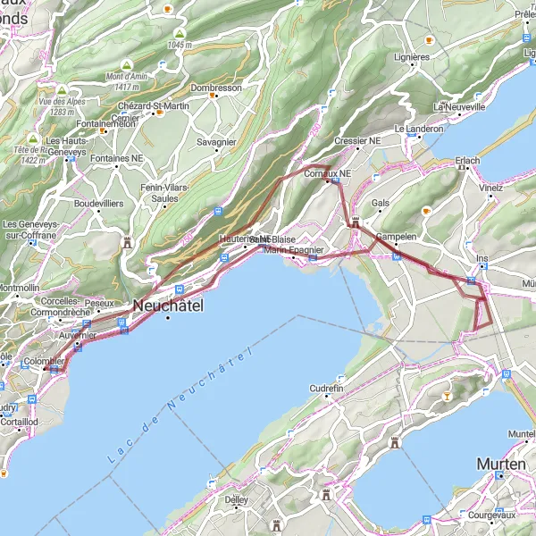 Karttaminiaatyyri "Kivi- ja soratiekierros Neuchâtelin ympäri" pyöräilyinspiraatiosta alueella Espace Mittelland, Switzerland. Luotu Tarmacs.app pyöräilyreittisuunnittelijalla