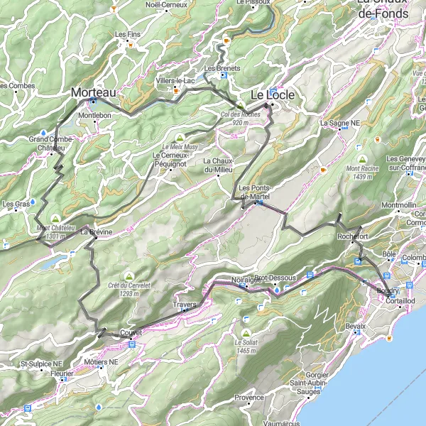 Miniature de la carte de l'inspiration cycliste "Route de Boudry à Grande Ecoeurne" dans la Espace Mittelland, Switzerland. Générée par le planificateur d'itinéraire cycliste Tarmacs.app