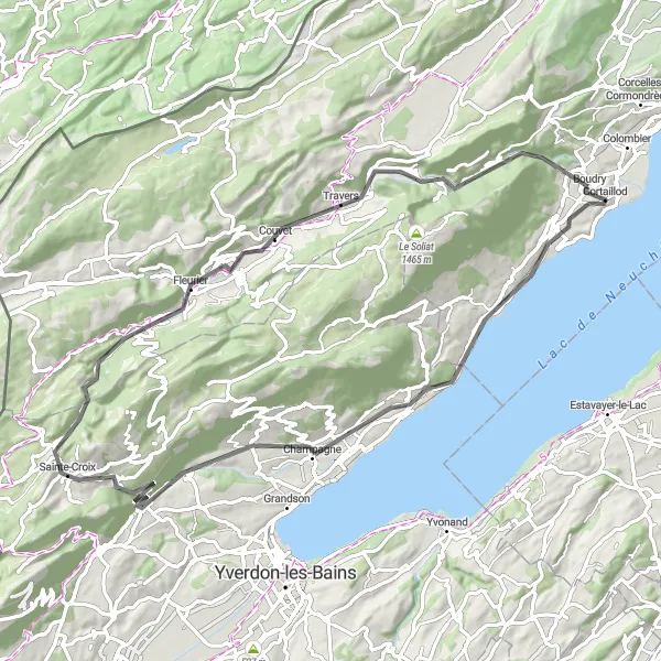 Miniaturní mapa "Scenic road cycling route near Boudry" inspirace pro cyklisty v oblasti Espace Mittelland, Switzerland. Vytvořeno pomocí plánovače tras Tarmacs.app