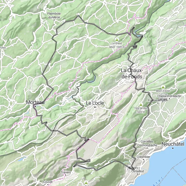 Miniatua del mapa de inspiración ciclista "Vistas panorámicas de La Chaux-de-Fonds y más" en Espace Mittelland, Switzerland. Generado por Tarmacs.app planificador de rutas ciclistas