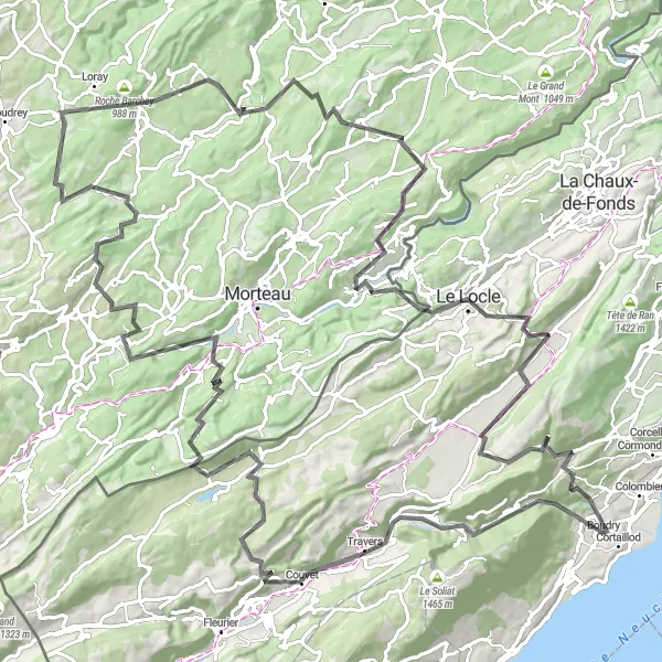 Miniature de la carte de l'inspiration cycliste "Tour de Boudry à Rochefort" dans la Espace Mittelland, Switzerland. Générée par le planificateur d'itinéraire cycliste Tarmacs.app