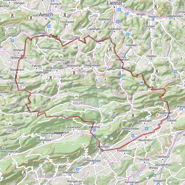 Karten-Miniaturansicht der Radinspiration "Gravel Tour durch das Espace Mittelland" in Espace Mittelland, Switzerland. Erstellt vom Tarmacs.app-Routenplaner für Radtouren
