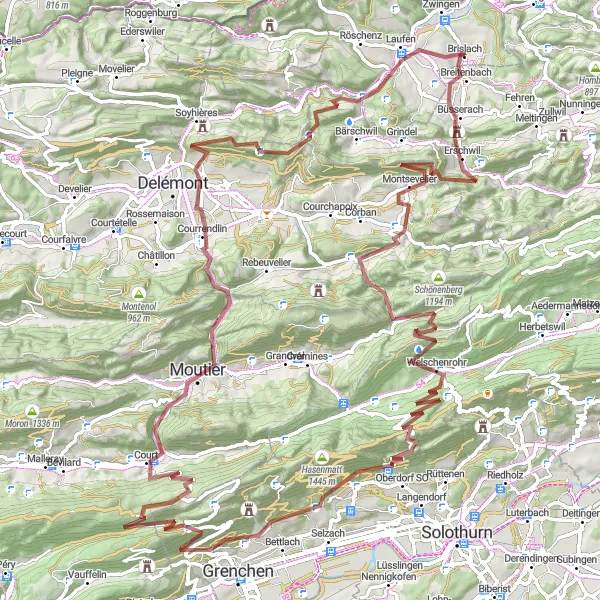 Miniature de la carte de l'inspiration cycliste "Exploration des sentiers du Jura" dans la Espace Mittelland, Switzerland. Générée par le planificateur d'itinéraire cycliste Tarmacs.app