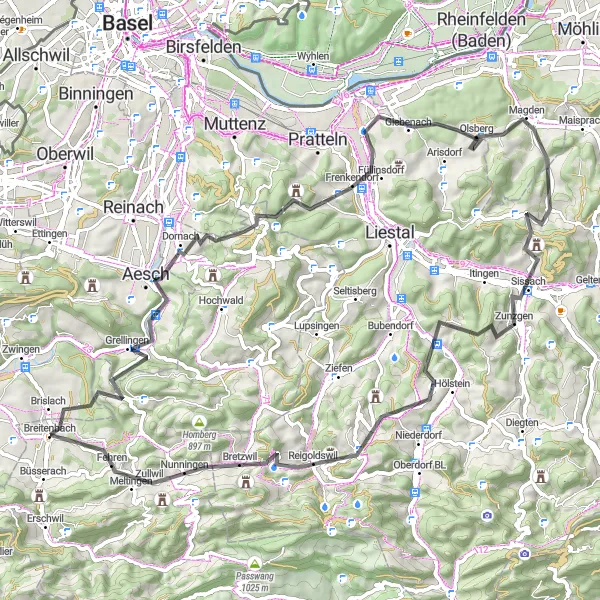 Miniaturekort af cykelinspirationen "Bakketur til Aesch" i Espace Mittelland, Switzerland. Genereret af Tarmacs.app cykelruteplanlægger