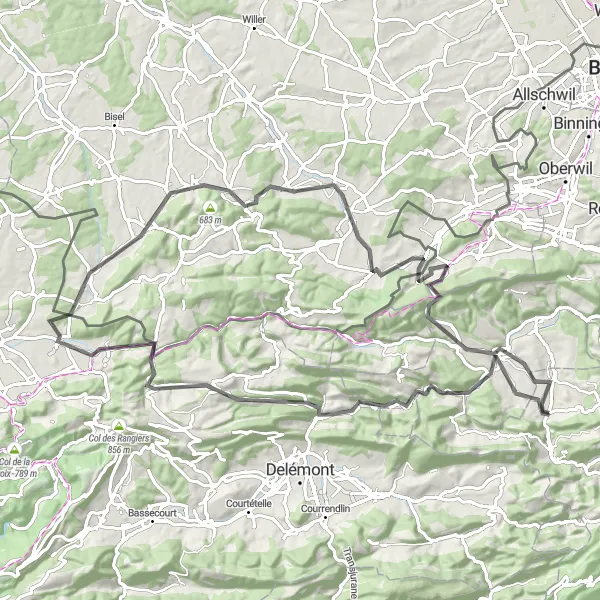 Karten-Miniaturansicht der Radinspiration "Rund um Breitenbach: Löffelberg - L'Ordon - Bourrignon - Durlinsdorf - Loechlefelsen - Oltingue - Challpass - Laufen" in Espace Mittelland, Switzerland. Erstellt vom Tarmacs.app-Routenplaner für Radtouren