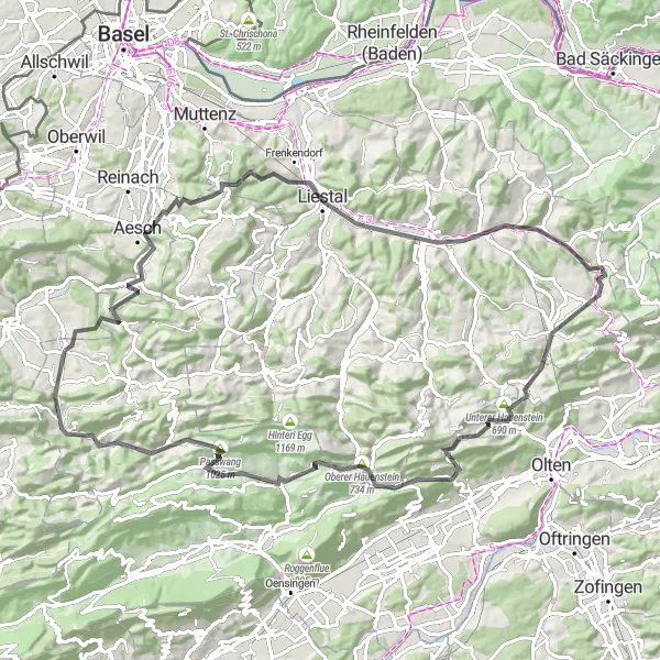 Mapa miniatúra "Okruh cez Oltingen a Passwang" cyklistická inšpirácia v Espace Mittelland, Switzerland. Vygenerované cyklistickým plánovačom trás Tarmacs.app
