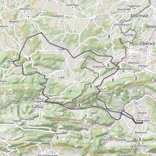 Kartminiatyr av "Swiss Border Ride" cykelinspiration i Espace Mittelland, Switzerland. Genererad av Tarmacs.app cykelruttplanerare