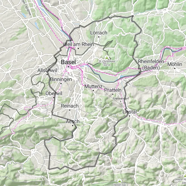 Miniature de la carte de l'inspiration cycliste "Route des collines du Sud" dans la Espace Mittelland, Switzerland. Générée par le planificateur d'itinéraire cycliste Tarmacs.app
