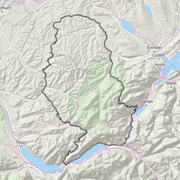 Map miniature of "Interlaken and Beyond" cycling inspiration in Espace Mittelland, Switzerland. Generated by Tarmacs.app cycling route planner