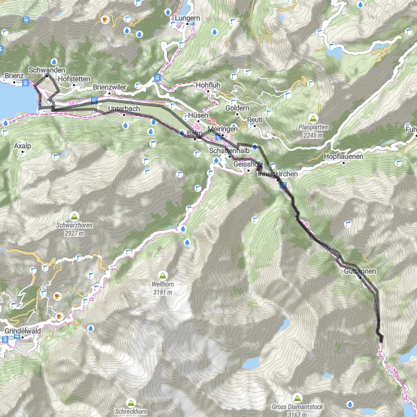 Zemljevid v pomanjšavi "Krožni kolesarski izlet Reichenbach Falls" kolesarske inspiracije v Espace Mittelland, Switzerland. Generirano z načrtovalcem kolesarskih poti Tarmacs.app