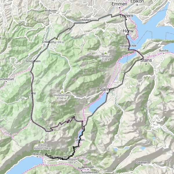 Kartminiatyr av "Brienz till Lucerne Road Cycling Tour" cykelinspiration i Espace Mittelland, Switzerland. Genererad av Tarmacs.app cykelruttplanerare