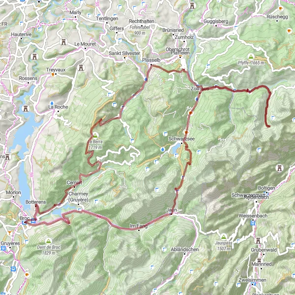 Miniatua del mapa de inspiración ciclista "Ruta de ciclismo de gravilla a través de Broc" en Espace Mittelland, Switzerland. Generado por Tarmacs.app planificador de rutas ciclistas