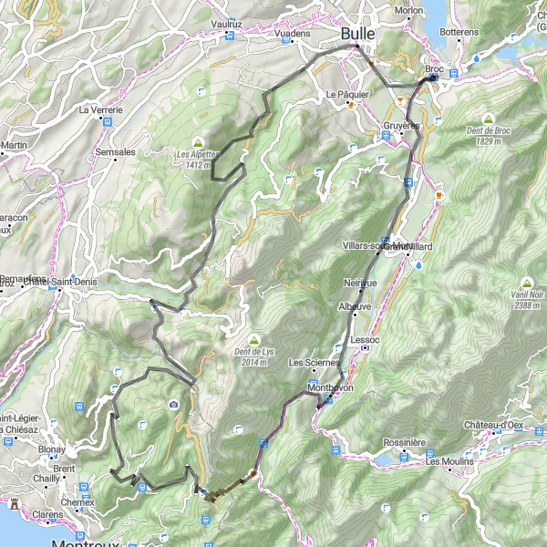 Kartminiatyr av "Broc til La Tour-de-Trême via Col de Jaman og Les Paccots" sykkelinspirasjon i Espace Mittelland, Switzerland. Generert av Tarmacs.app sykkelrutoplanlegger