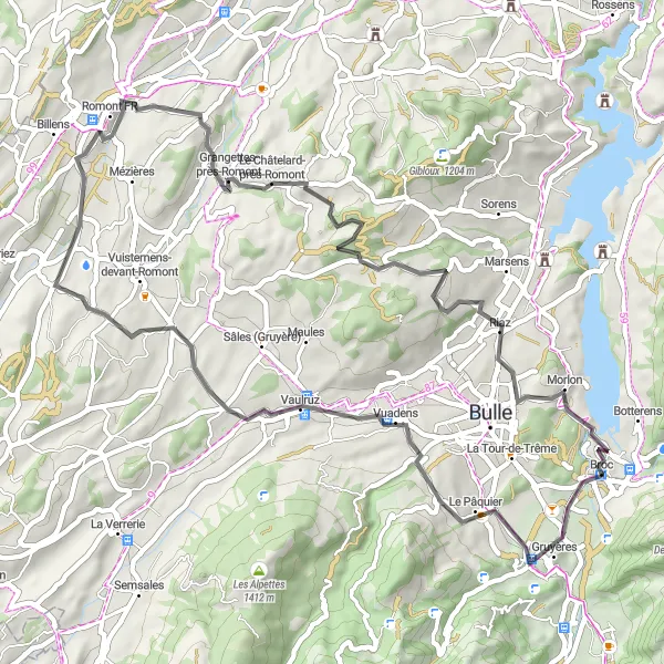 Kartminiatyr av "Broc til Broc via Riaz og La Neirigue" sykkelinspirasjon i Espace Mittelland, Switzerland. Generert av Tarmacs.app sykkelrutoplanlegger