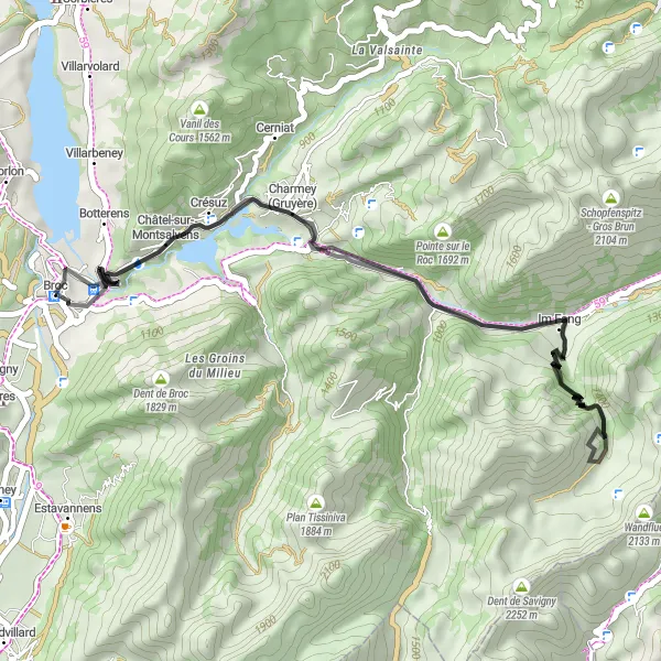 Miniatua del mapa de inspiración ciclista "Ruta corta en bicicleta de carretera desde Broc a través de Mont Chupiaô" en Espace Mittelland, Switzerland. Generado por Tarmacs.app planificador de rutas ciclistas