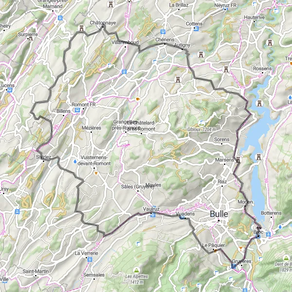 Miniatua del mapa de inspiración ciclista "Ruta de ciclismo de carretera por los alrededores de Broc" en Espace Mittelland, Switzerland. Generado por Tarmacs.app planificador de rutas ciclistas