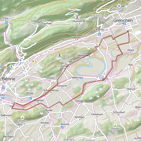 Miniatua del mapa de inspiración ciclista "Ruta de 35 km por caminos de grava desde Brügg a Port" en Espace Mittelland, Switzerland. Generado por Tarmacs.app planificador de rutas ciclistas