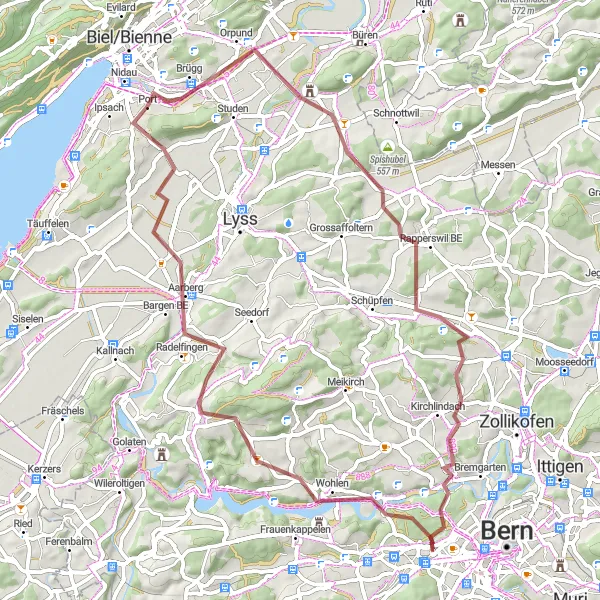 Kartminiatyr av "Brügg - Jäissberg - Brügg" sykkelinspirasjon i Espace Mittelland, Switzerland. Generert av Tarmacs.app sykkelrutoplanlegger
