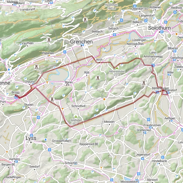 Miniatua del mapa de inspiración ciclista "Ruta de 58 km por senderos de grava desde Brügg a Aegerten" en Espace Mittelland, Switzerland. Generado por Tarmacs.app planificador de rutas ciclistas