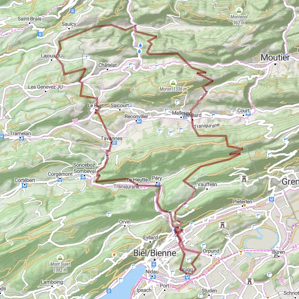 Miniaturní mapa "Gravel Okruh okolo Brügg" inspirace pro cyklisty v oblasti Espace Mittelland, Switzerland. Vytvořeno pomocí plánovače tras Tarmacs.app